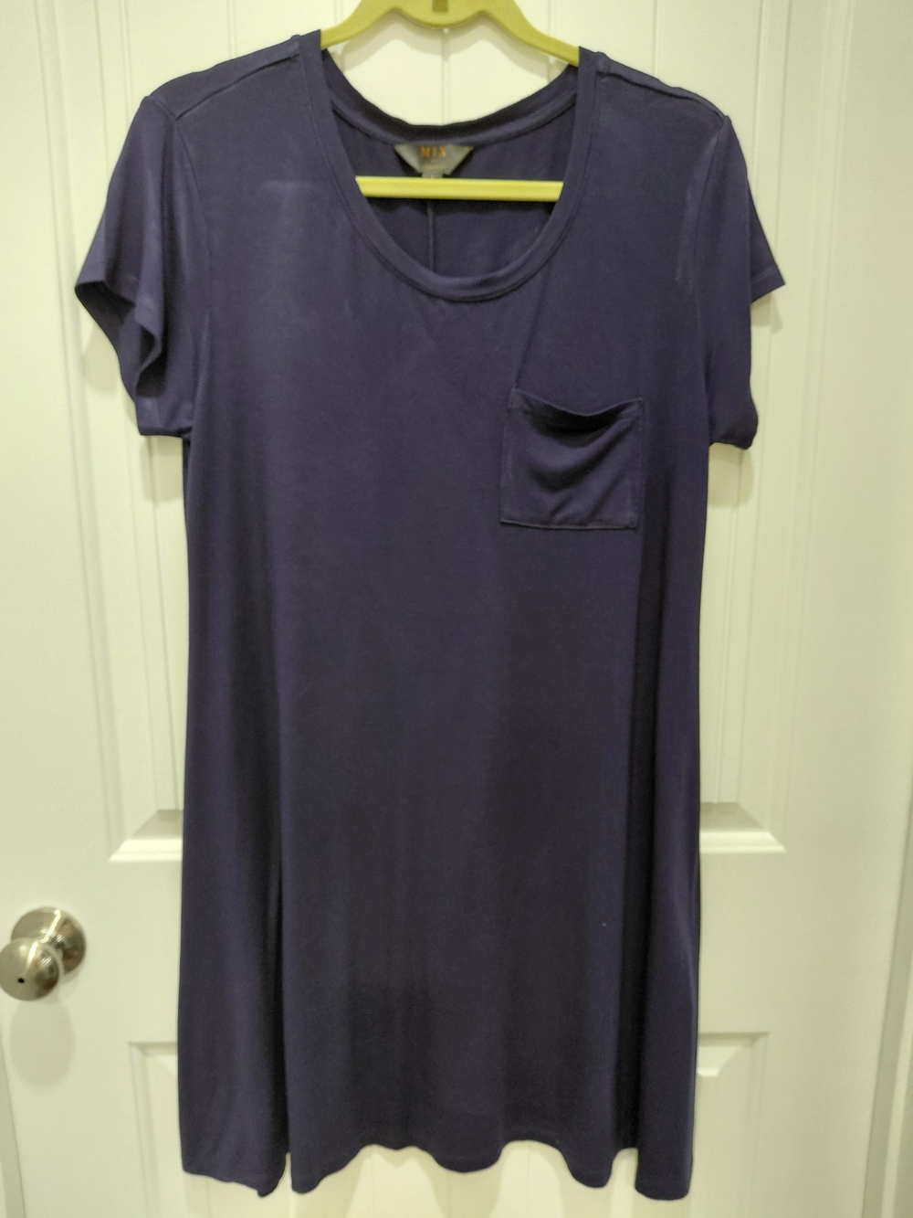 Relaxed Navy Short-Sleeve Midi Dress with Chest Pocket #0879